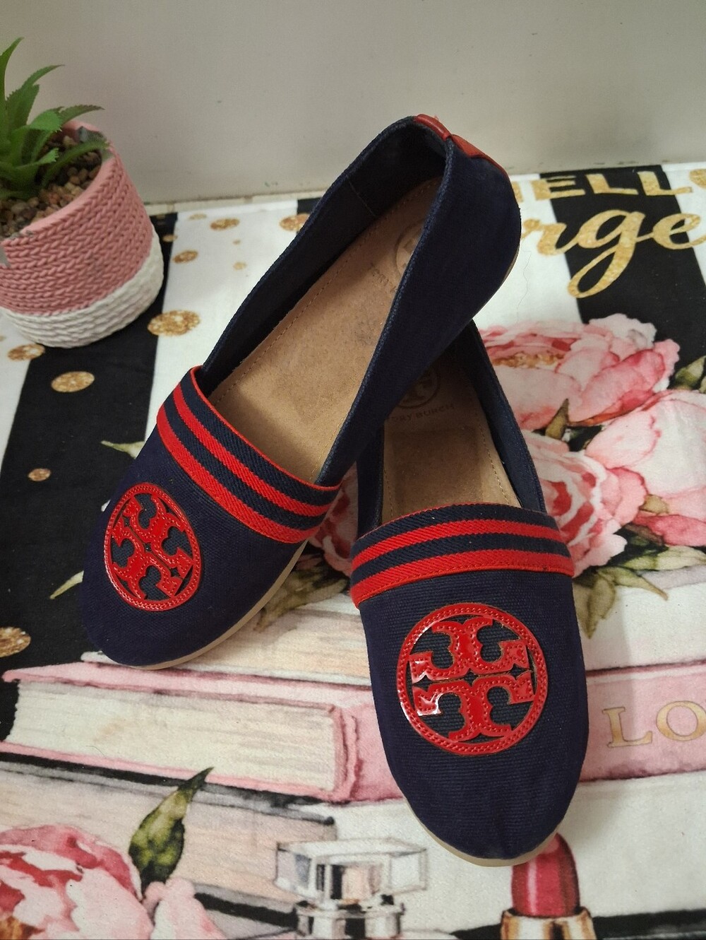 Tory Burch Navy Canvas Loafers with Red Logo Size 7M